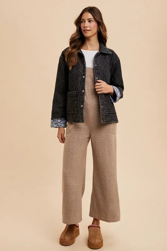 Annie Wear Quilted Printed Lining Snap Down Denim Jacket in - photo