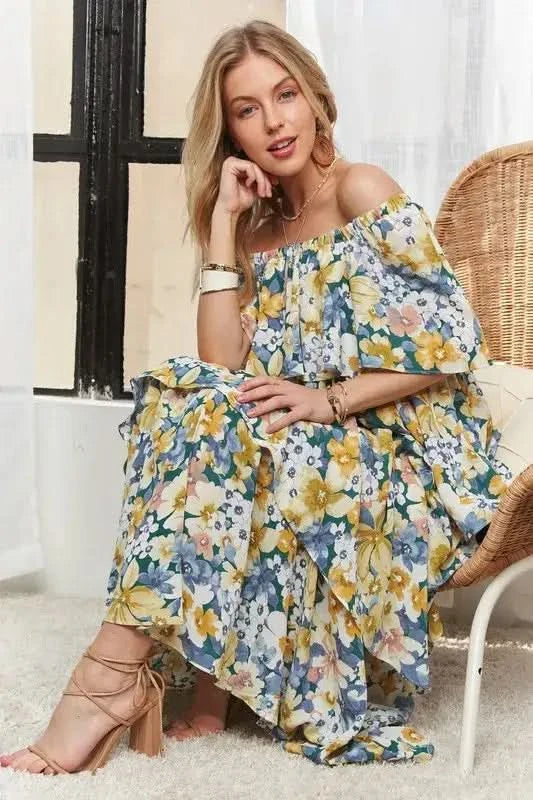 ADORA Layered Floral Off-Shoulder Short Sleeve Maxi Dress in NAVY - photo