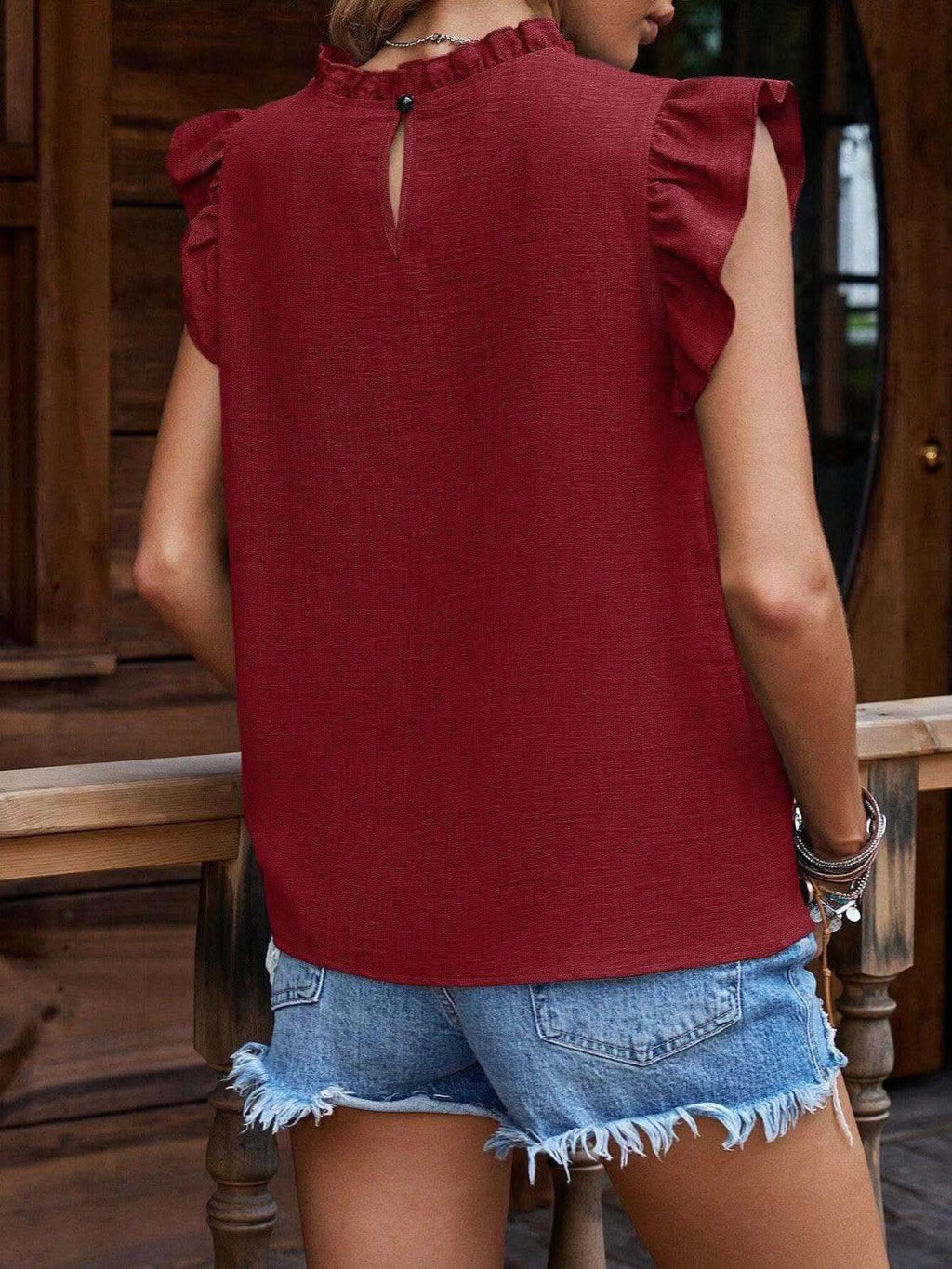 Frill Mock Neck Ruffled Cap Sleeve Blouse - SwagglyLife Home & Fashion