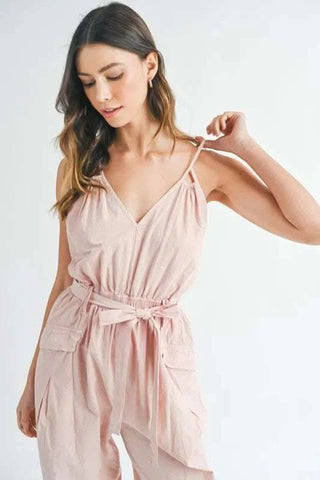MABLE Washed Fabric Spaghetti Strap Waist Belted Jumpsuit - SwagglyLife Home & Fashion MABLE Washed Fabric Spaghetti Strap Waist Belted Jumpsuit - SwagglyLife Home & Fashion