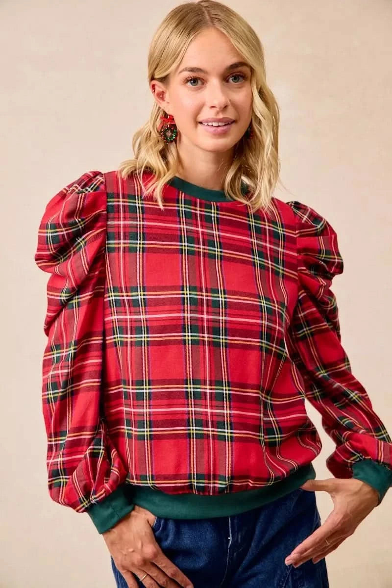 BiBi Christmas Plaid Exaggerated Shoulder Sleeves Top in - photo