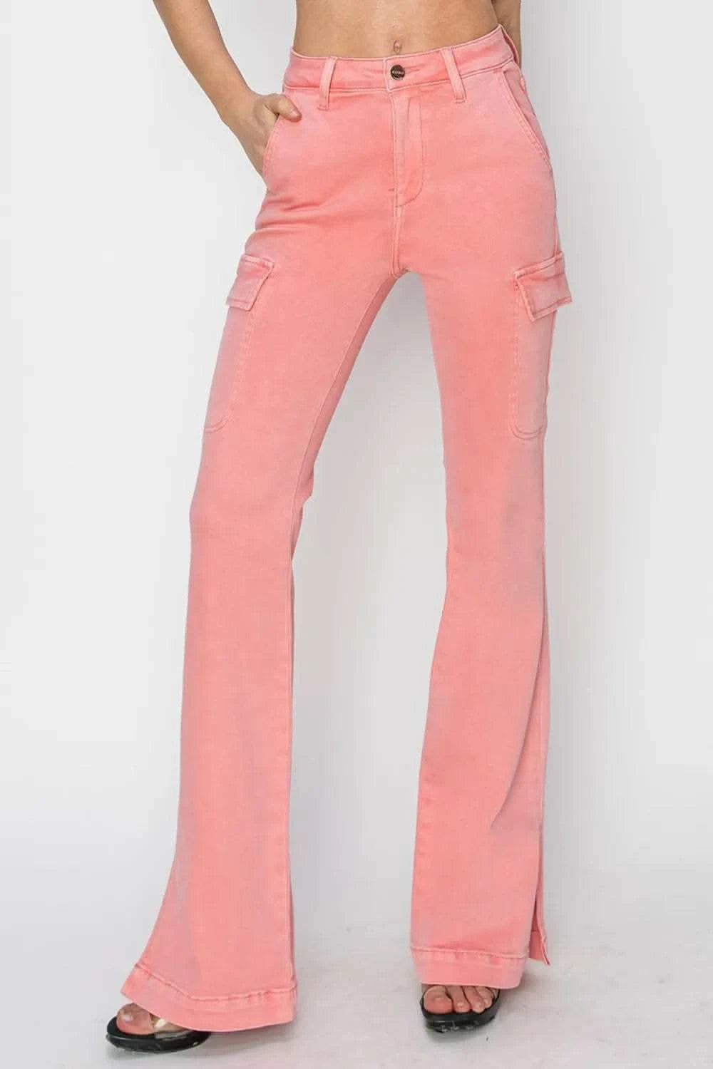 RISEN Full Size High Rise Side Slit Cargo Bootcut Jeans in Flamingo - photo