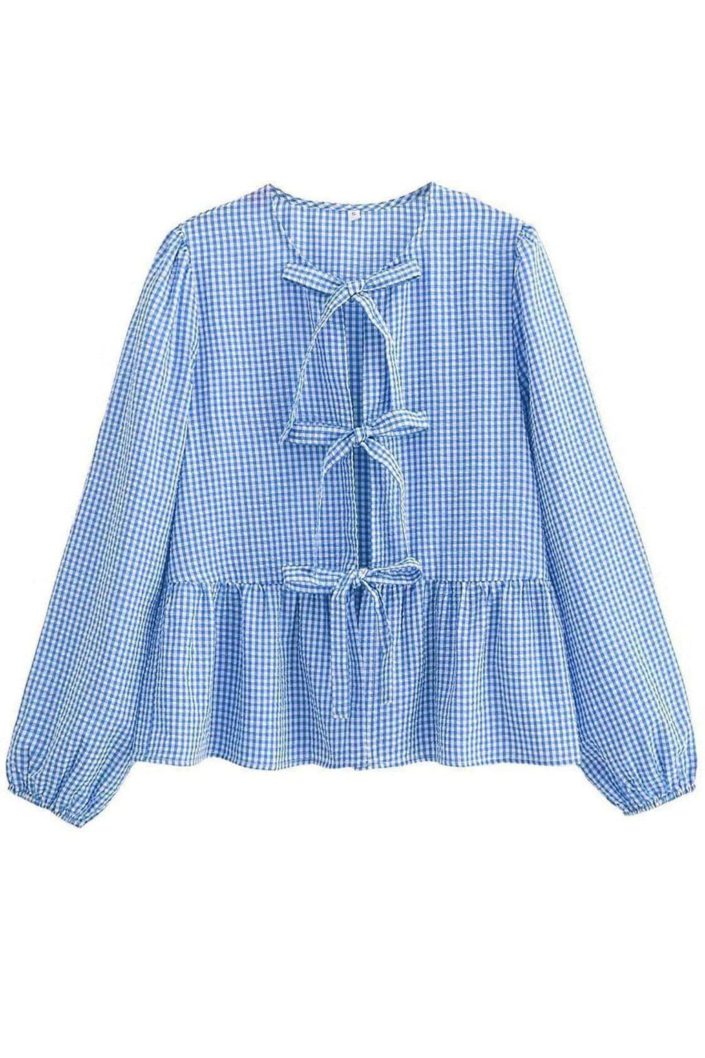 Susan Tied Round Neck Long Sleeve Blouse - SwagglyLife Home & Fashion