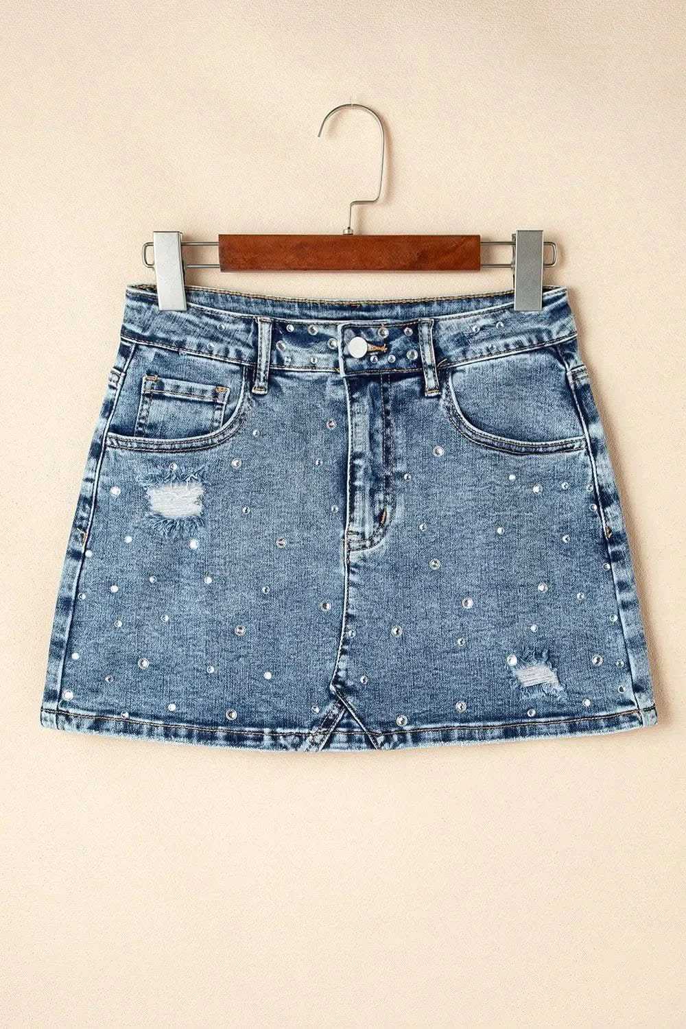 Rhinestone Distressed Denim Mini Skirt - SwagglyLife Home & Fashion