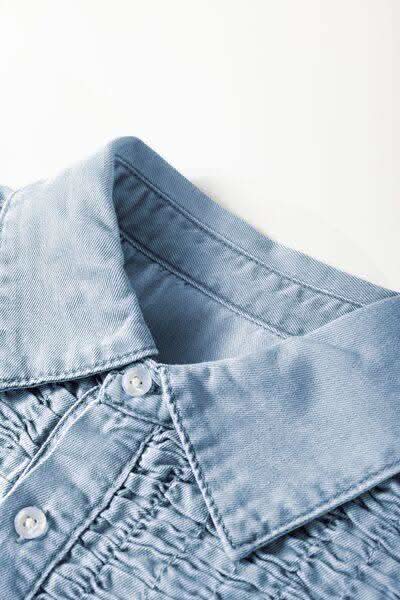 Smocked Collared Neck Cap Sleeve Denim Dress - SwagglyLife Home & Fashion