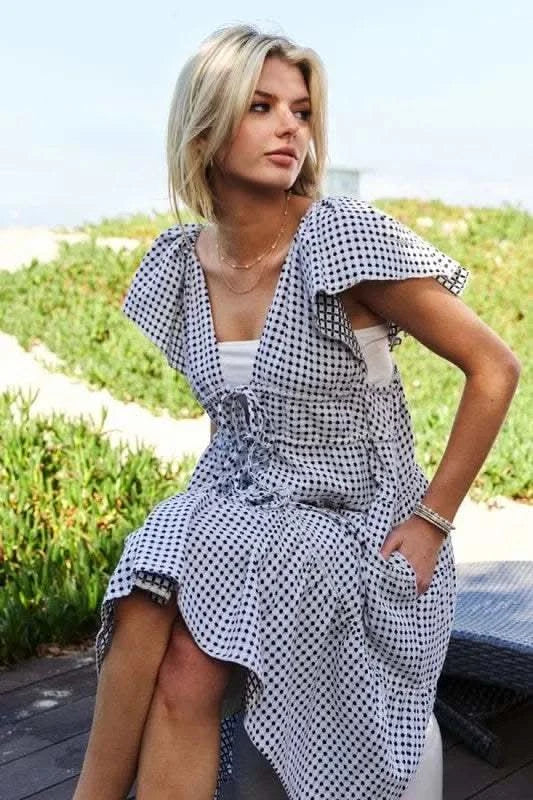Davi & Dani Jacquard V-Neck Flutter Cap Sleeve Tiered Dress - SwagglyLife Home & Fashion