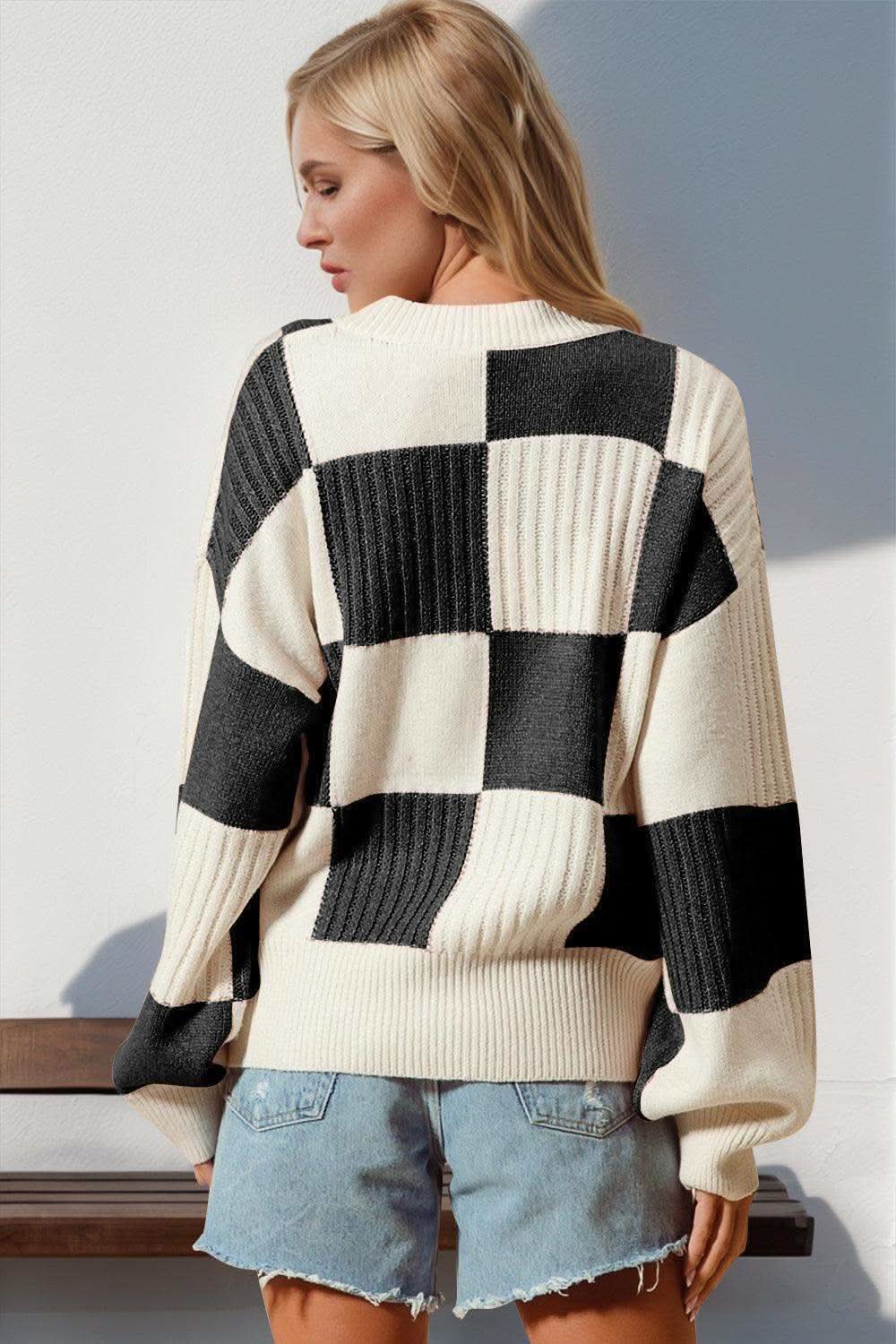 Double Take Full Size Checkered Dropped Shoulder Cardigan in - photo