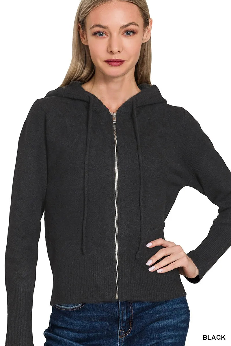 Zenana Drawstring Zip Up Hooded Cardigan in BLACK - photo