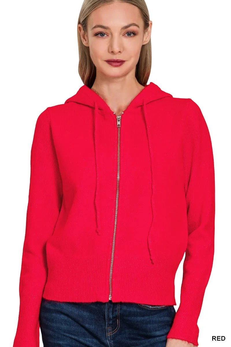 Zenana Drawstring Zip Up Hooded Cardigan in RED - photo