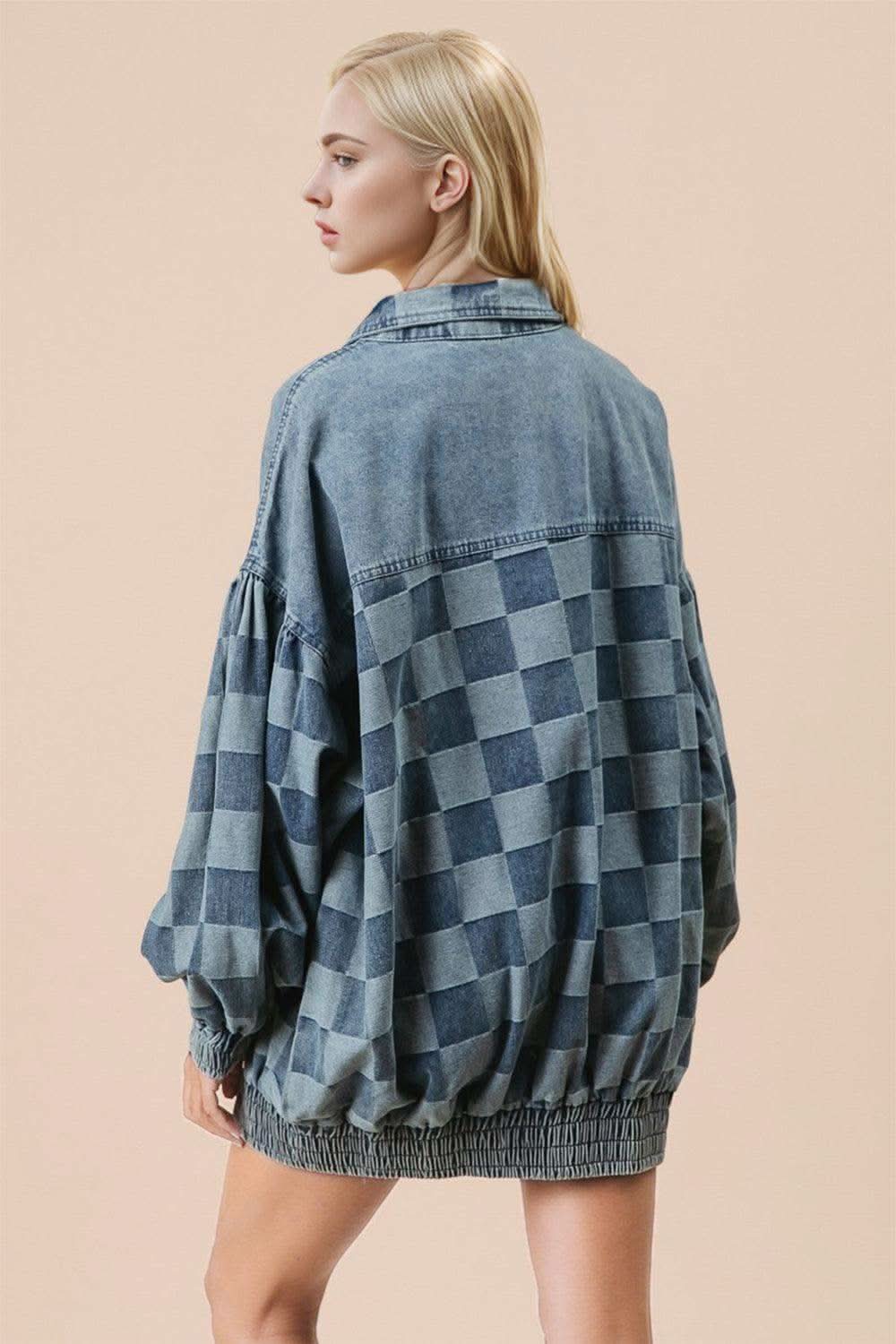 Double Take Checkered Button Up Denim Jacket in - Jackets photo
