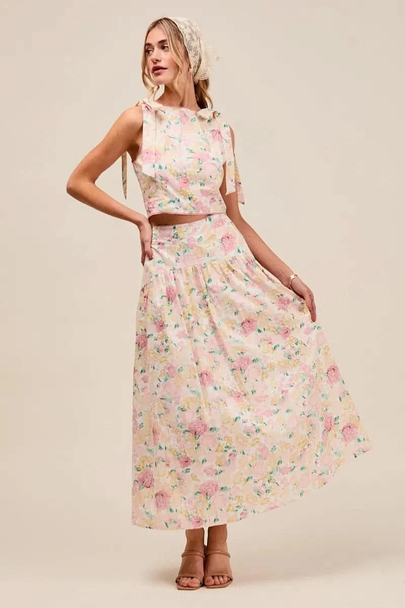 SO ME Floral Printed Woven Shoulder Bow Tie Top and Skirt Set in - photo