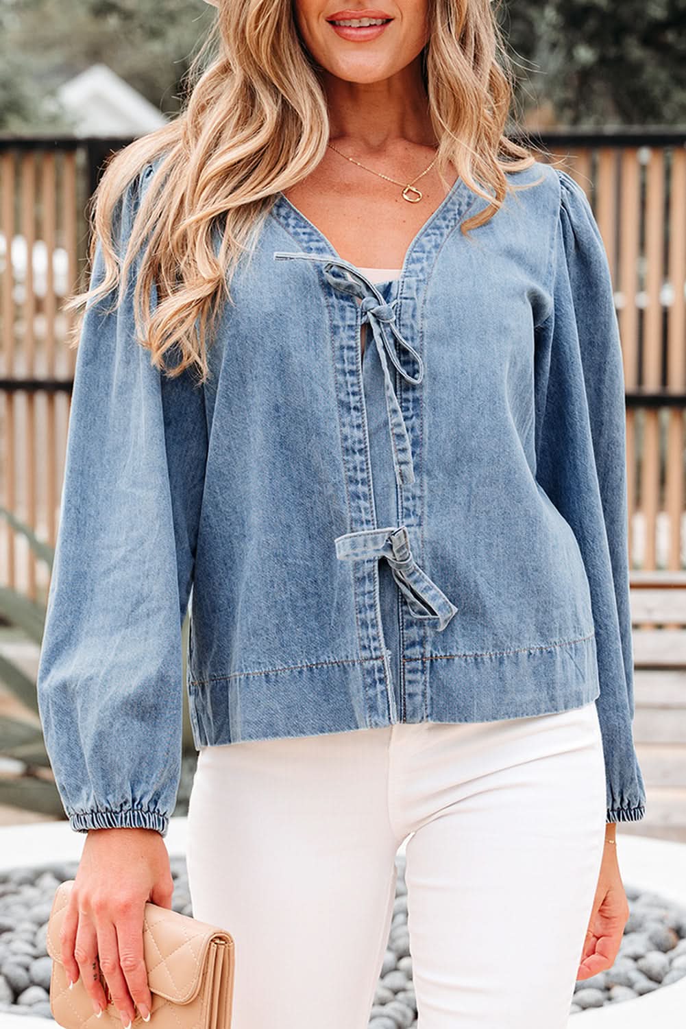 Oakley Tied Front Long Puff Sleeve Denim Top in - Tops/Blouses & Shirts photo
