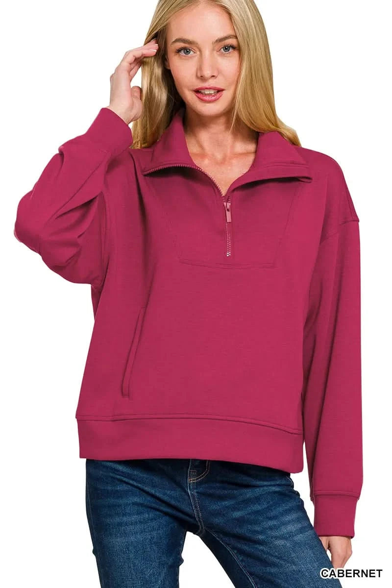 Zenana Scuba Half Zip Sweatshirt with Pockets in CABERNET - photo