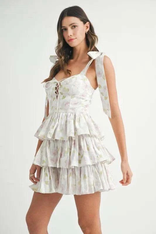 MABLE Floral Print Shoulder Tie Layered Mini Dress in - photo