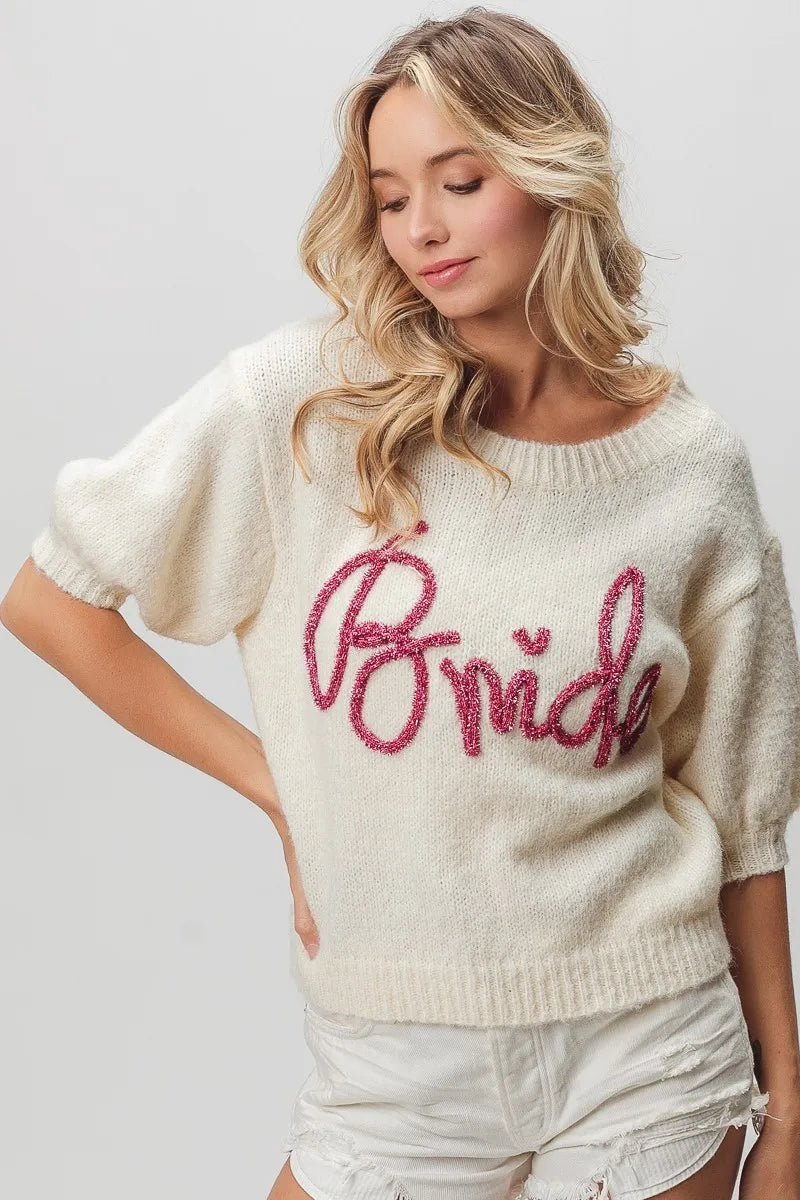 BiBi Metallic Letter Short Puff Sleeve Hairy Sweater in - photo