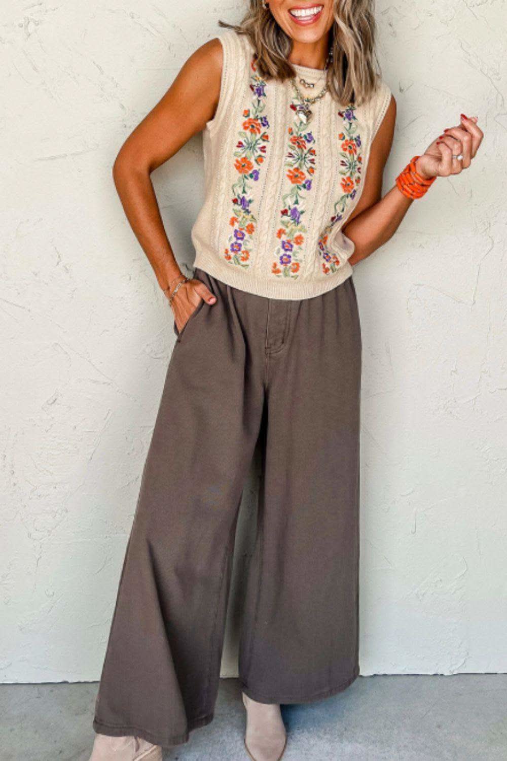 Embroidered Cable-Knit Round Neck Sweater Vest in - Sweaters photo