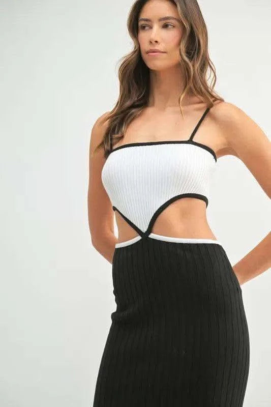 MABLE Ribbed Knit Color Block Cutout Midi Dress in - photo
