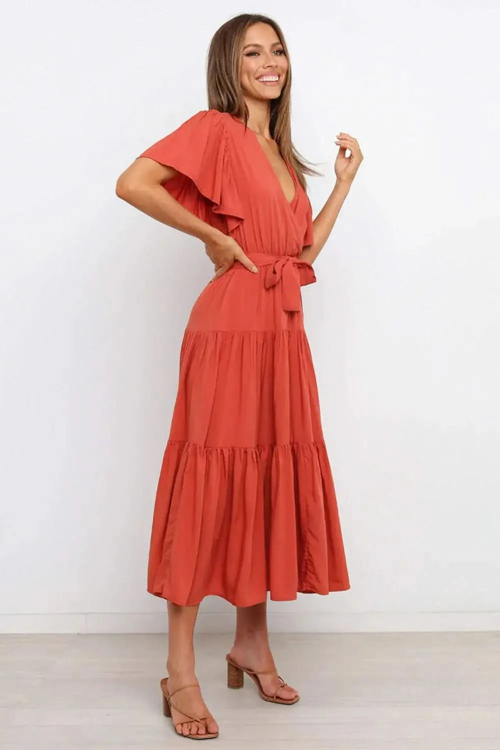 Tied Tiered Short Sleeve Midi Dress in - photo