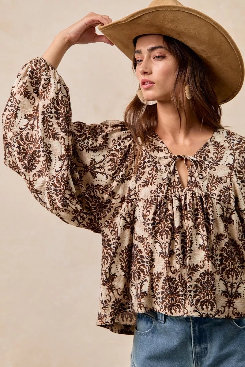 BiBi Printed Woven Front Tied Blouse with Baloon Sleeve in - photo