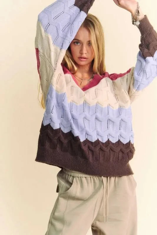 Davi & Dani Wavy Texture Color Block V-Neck Sweater in - photo