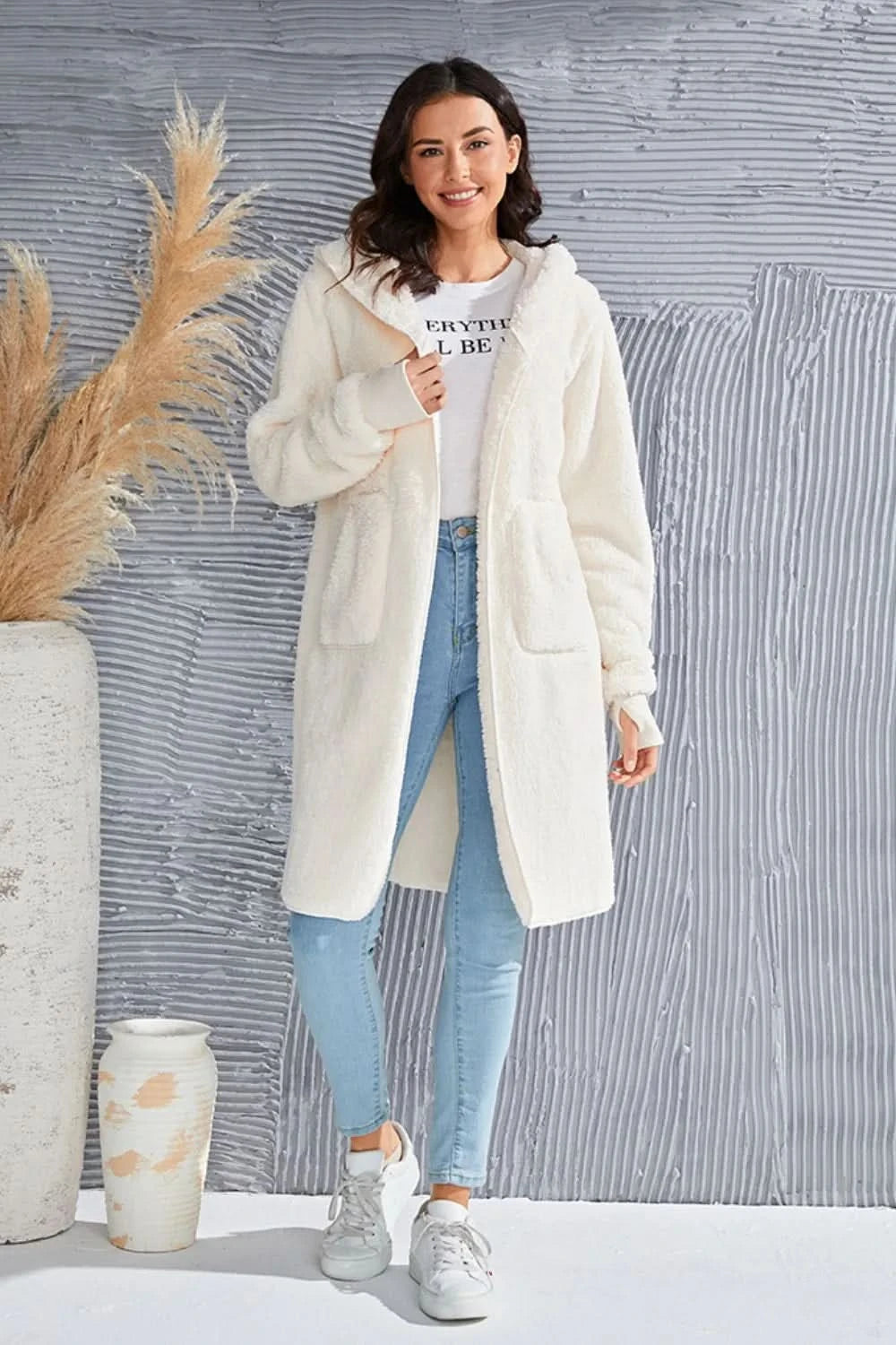 Double Take Full Size Hooded Teddy Bear Jacket with Thumbholes in - photo