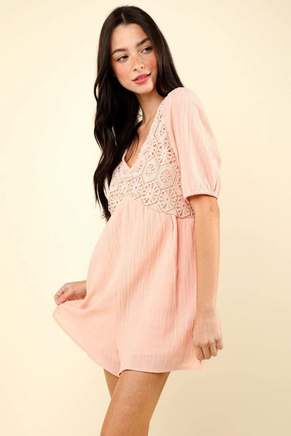 VERY J Lace Detail Puff Sleeve Romper with Pockets - SwagglyLife Home & Fashion