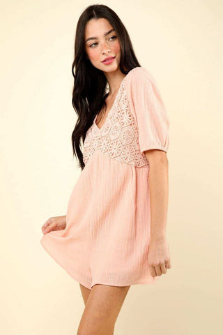 VERY J Lace Detail Puff Sleeve Romper with Pockets - SwagglyLife Home & Fashion VERY J Lace Detail Puff Sleeve Romper with Pockets - SwagglyLife Home & Fashion