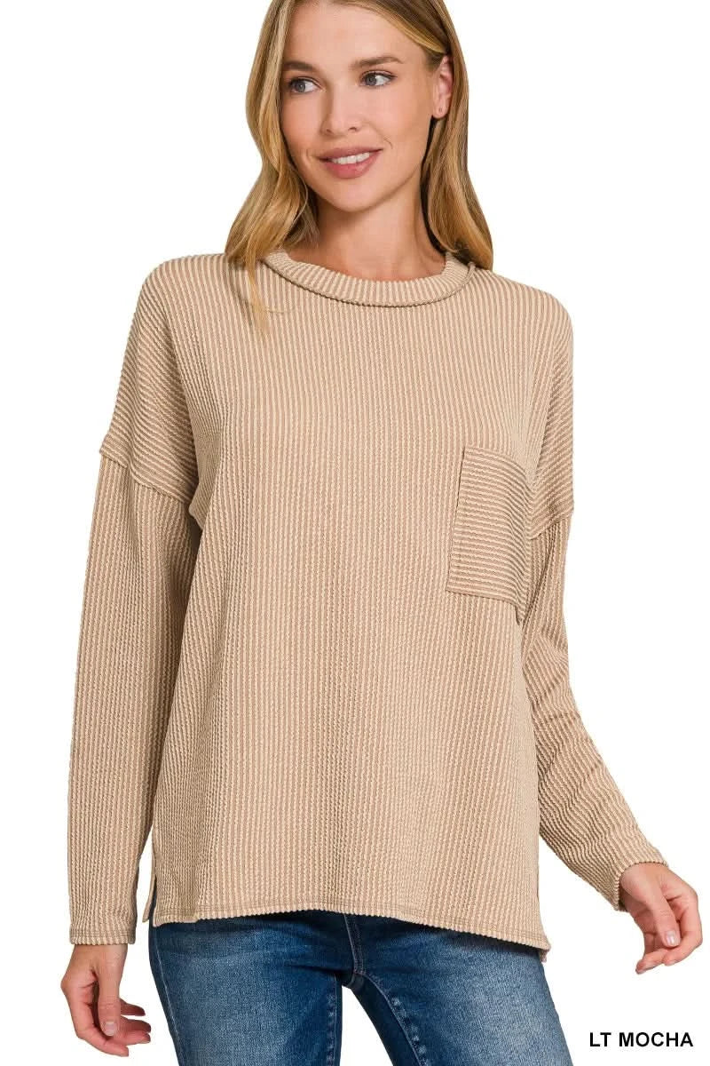 Zenana Long Sleeve Drop Shoulder Rib Top in LT MOCHA - photo
