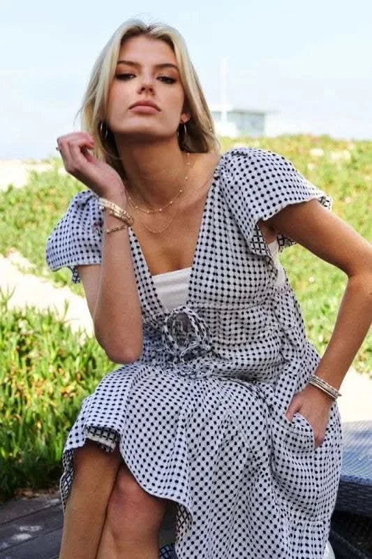 Davi & Dani Jacquard V-Neck Flutter Cap Sleeve Tiered Dress - SwagglyLife Home & Fashion