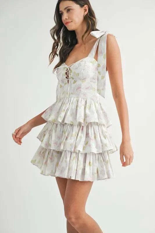 MABLE Floral Print Shoulder Tie Layered Mini Dress in - photo