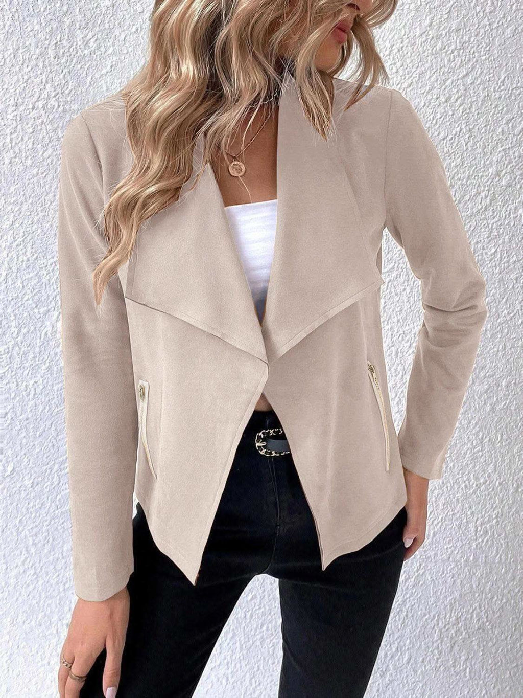 Collared Neck Long Sleeve Jacket in Beige - Jackets photo
