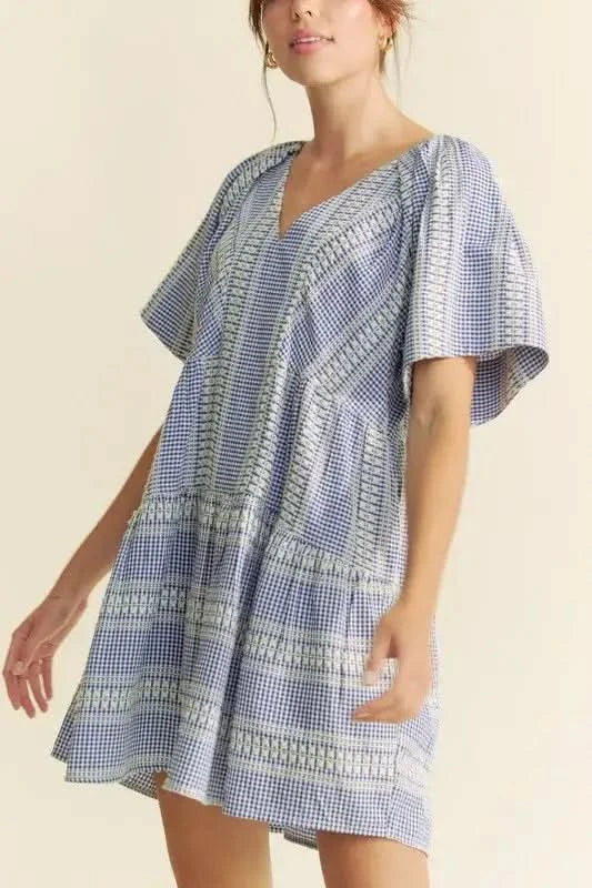 Davi & Dani Embroidered Stripe Ruffled Gingham Mini Dress in Navy Blue - photo