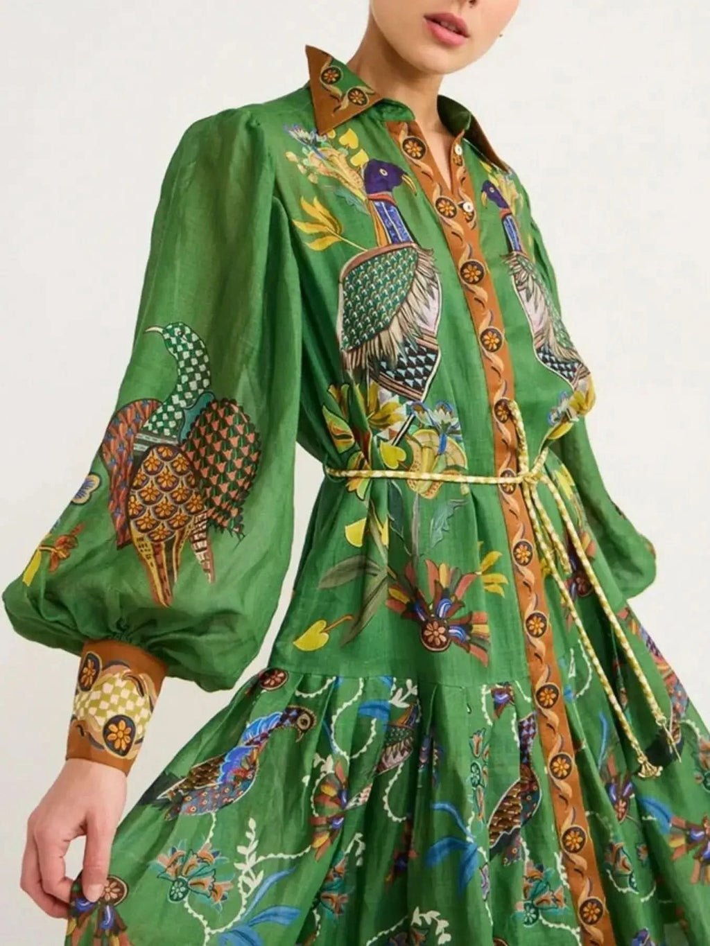 Printed Lantern Sleeve Maxi Shirt Dress in - photo