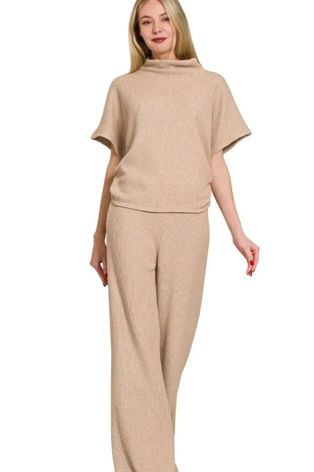 Zenana Sweater Mock Neck Top & Long Pants Set in LT MOCHA - photo