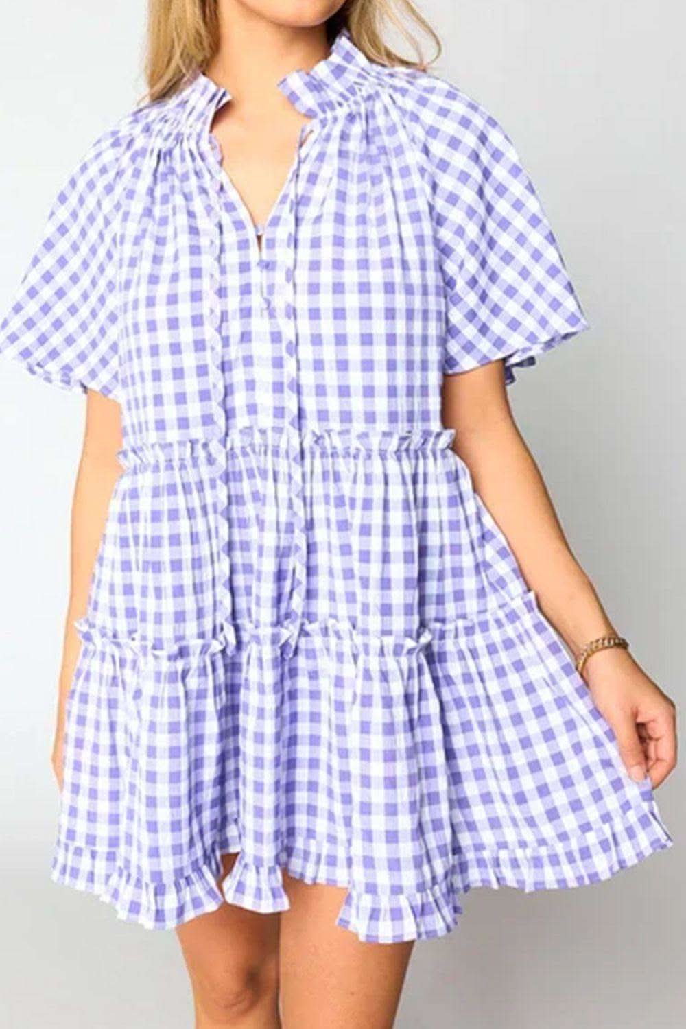 Plaid Tie Neck Short Sleeve Babydoll Mini Dress - SwagglyLife Home & Fashion
