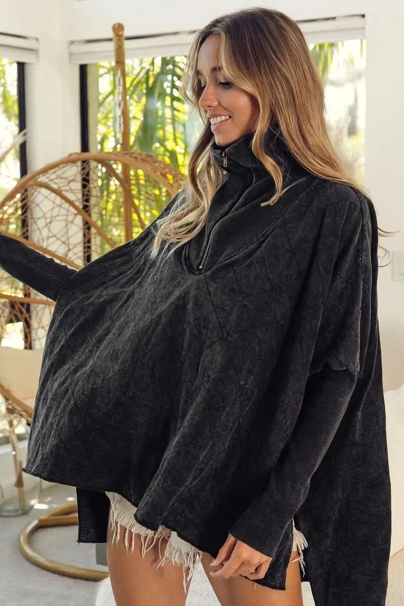 BiBi Vintage Washed Quilted Half Zip Top - SwagglyLife Home & Fashion