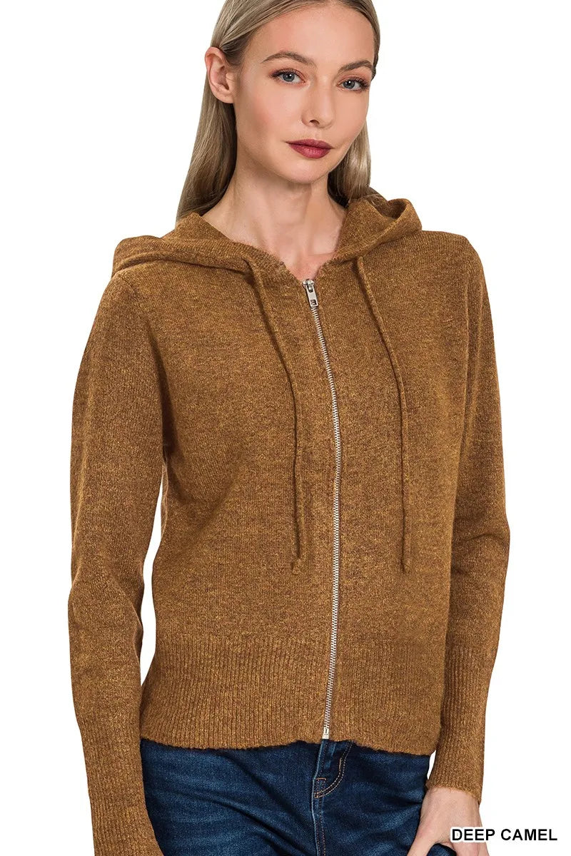 Zenana Drawstring Zip Up Hooded Cardigan in DEEP CAMEL - photo