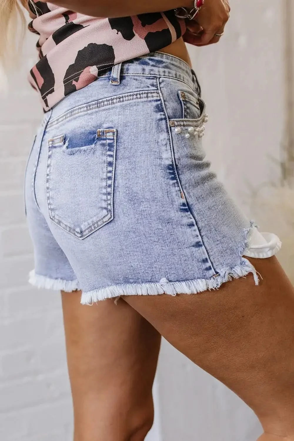 Pearl Studded Pockets Raw Hem Denim Shorts - SwagglyLife Home & Fashion