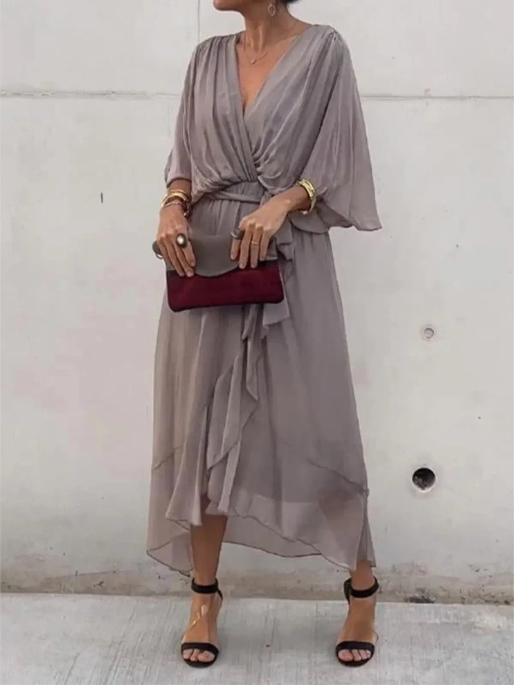 Flowy Tie Front Midi Dress with Flutter Sleeves in Gray - photo