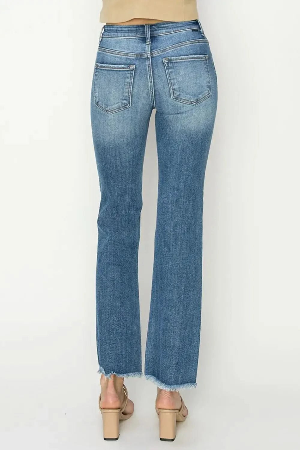 RISEN Mid-Rise Frayed Hem Bootcut Jeans in - photo