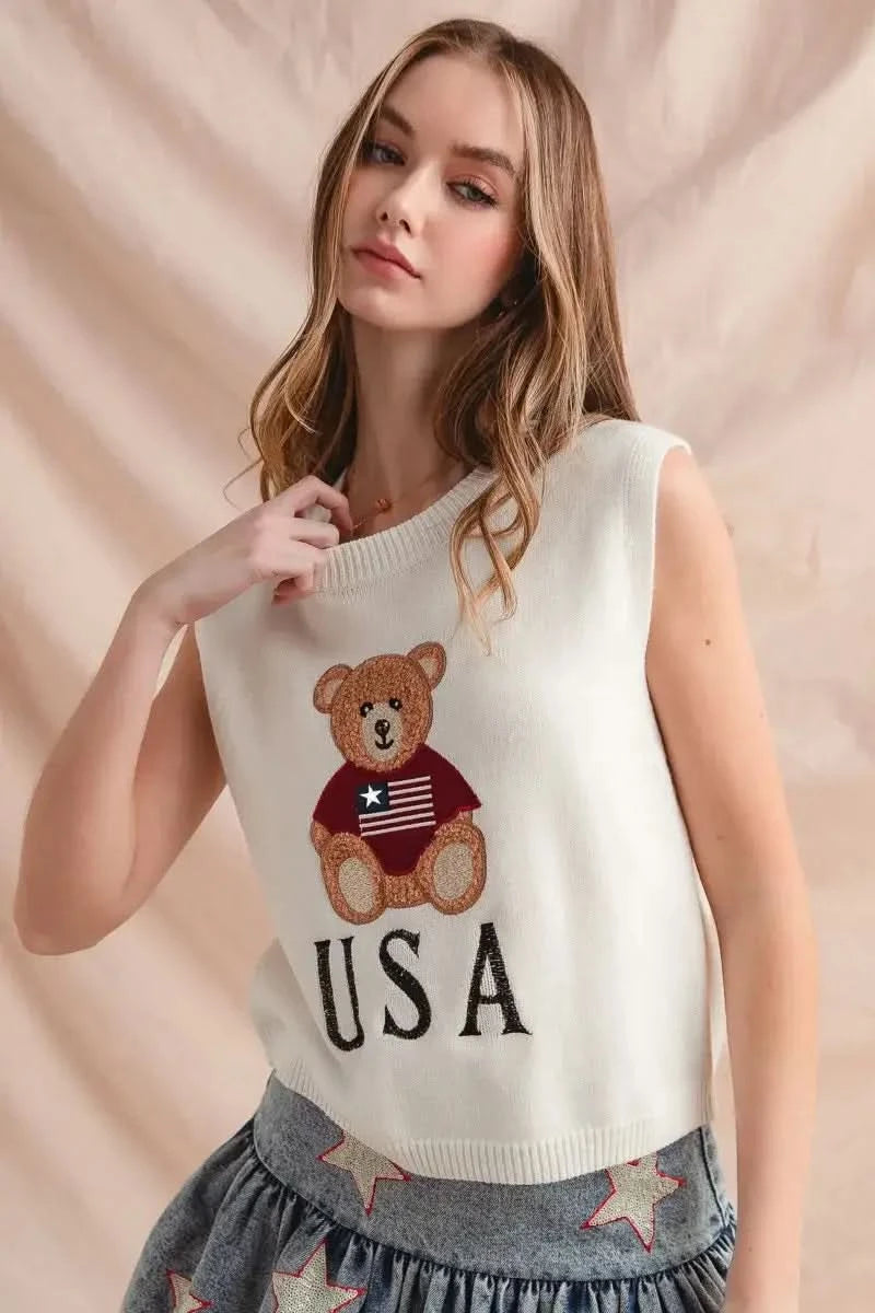 SO ME Teddy Bear Wearing An American Flag With Usa Embroidered Sweater Vest in - photo