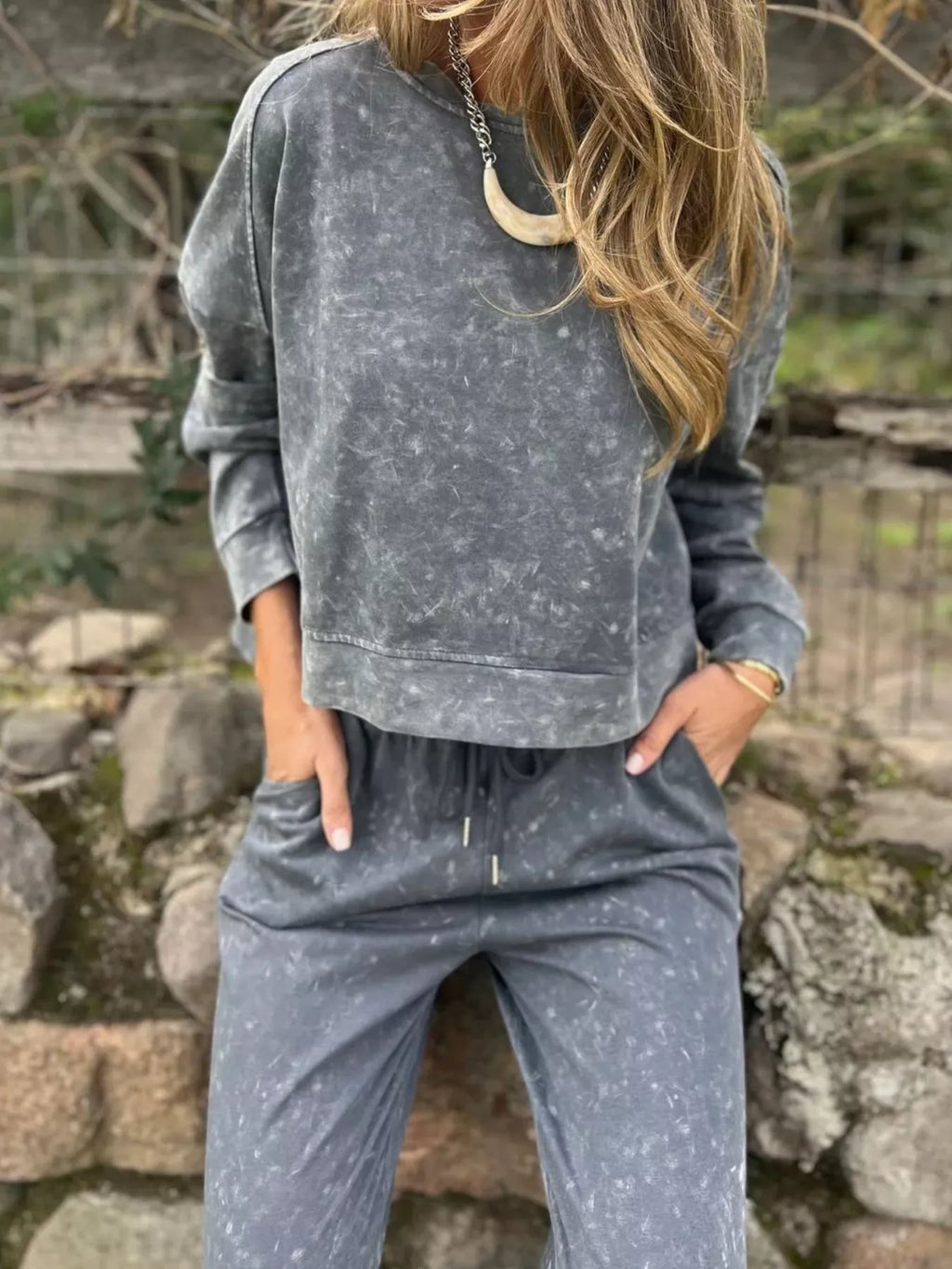 Full Size Washed Round Neck Top and Drawstring Pants Set Plus Size in - photo