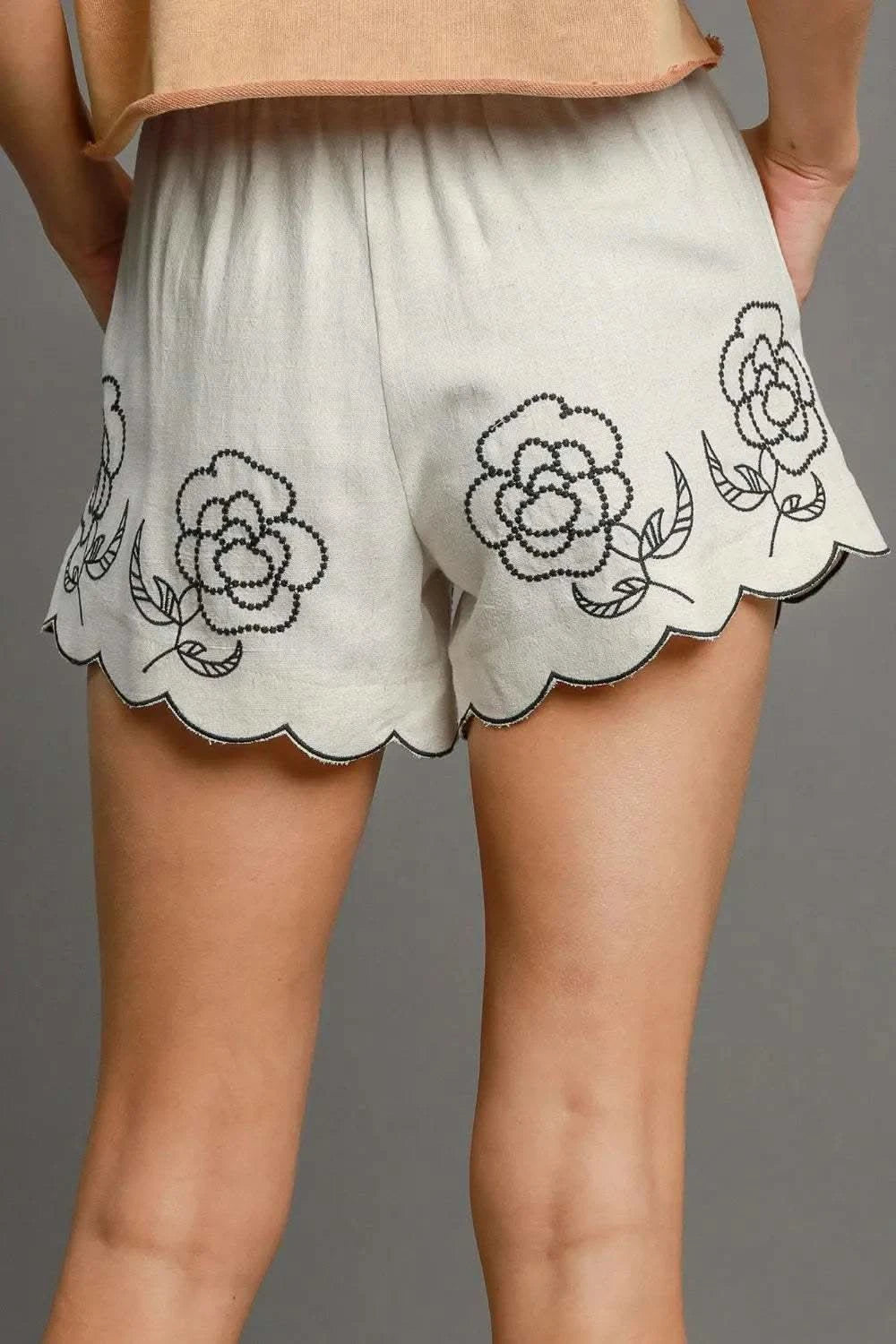 Umgee Linen Blend Shorts with Floral Embroidered Details Plus Size - SwagglyLife Home & Fashion