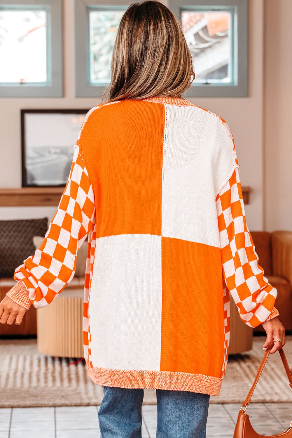 Wrenley Checkered Open Front Drop Shoulder Cardigan in - Sweaters & Cardigans/Cardigans photo