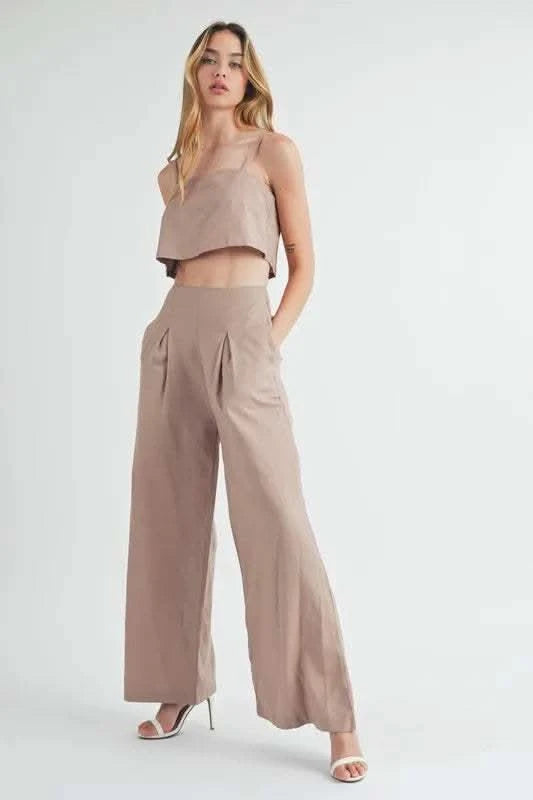 MABLE Linen Mix Crop Cami and Wide Leg Pants Set - SwagglyLife Home & Fashion