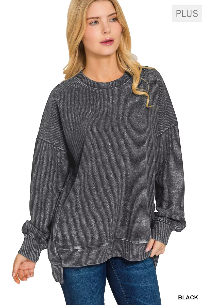Zenana Full Size Acid Washed Double Ribbed Hi-low Sweatshirt Plus Size in - photo