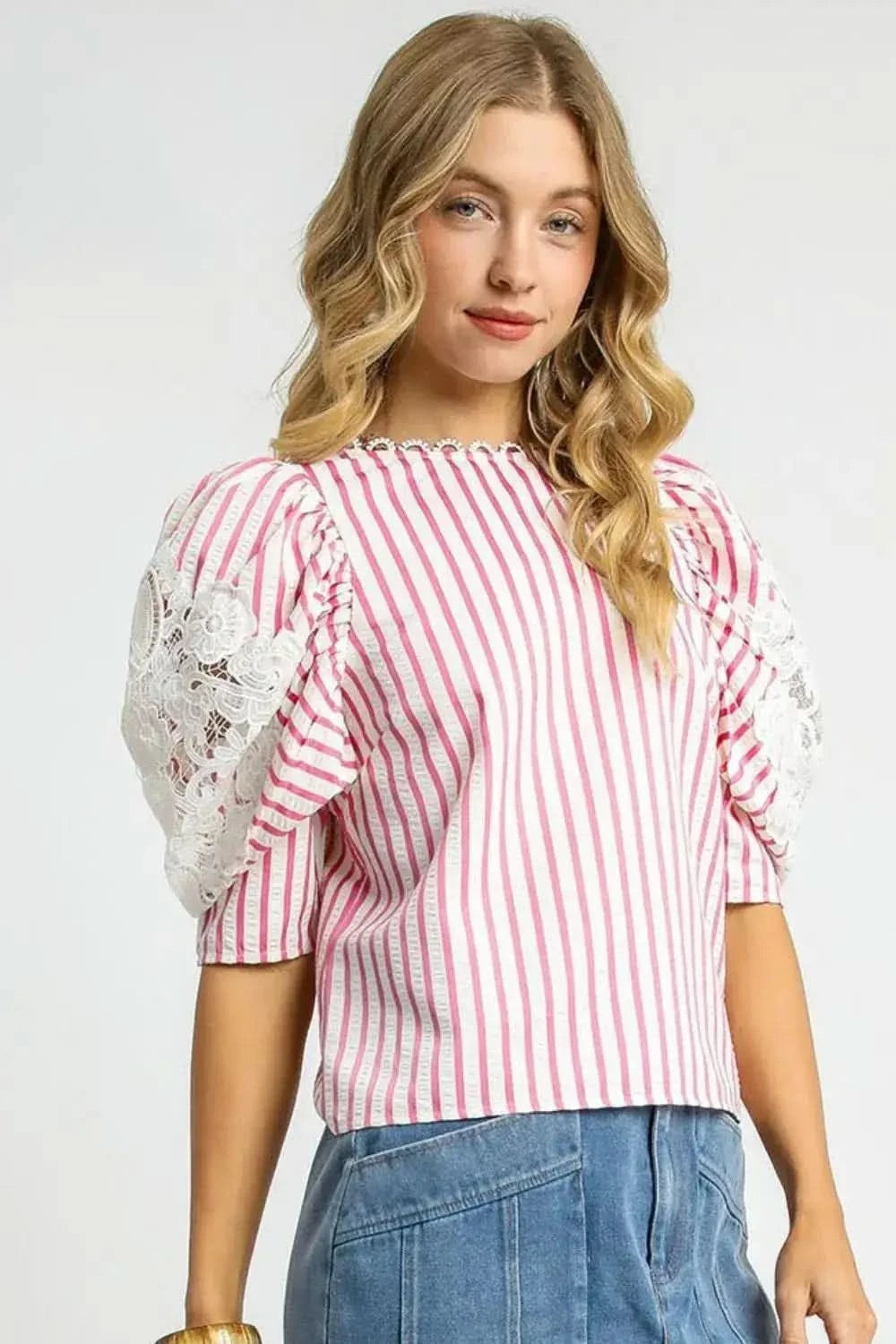 Umgee Striped Lace Puff Sleeve Blouse - SwagglyLife Home & Fashion