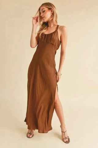 Aemi + Co Ruched Side Slit Cutout Back Maxi Cami Dress - SwagglyLife Home & Fashion Aemi + Co Ruched Side Slit Cutout Back Maxi Cami Dress - SwagglyLife Home & Fashion