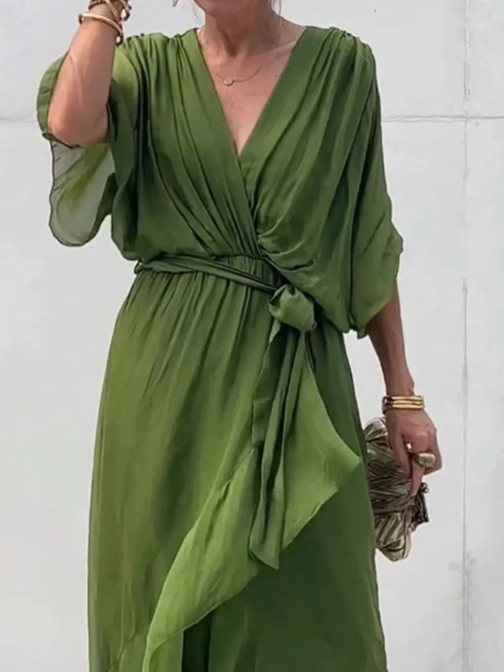 Flowy Tie Front Midi Dress with Flutter Sleeves in - photo