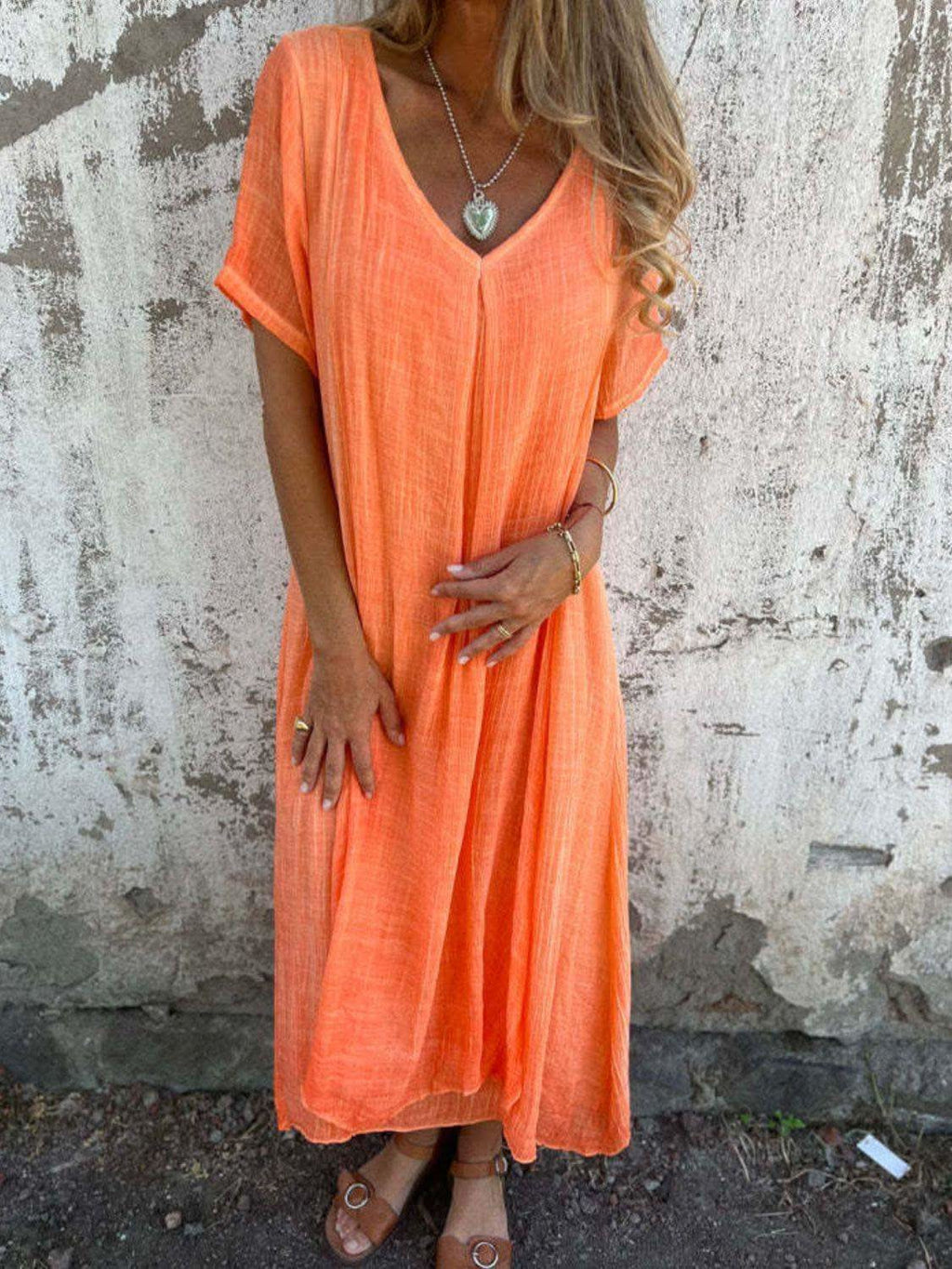 Full Size V-Neck Short Sleeve Midi Dress Plus Size in - dresses photo